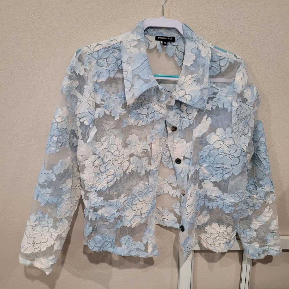 Vtg. Cynthia Max Women SZ Med. Semi sheer Floral Jacket lt. Blue floral boho USA - Picture 7 of 12